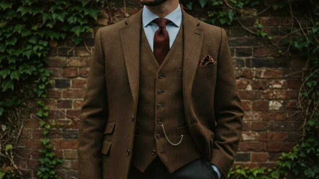 Elegant brown tweed suit with pocket watch chain and brick wall, ivy background perfect for