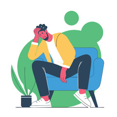 Depressed young man Sitting on a chair vector design. Depression man holding his head because of confused. Work pressure at the office concept one line draw design vector.