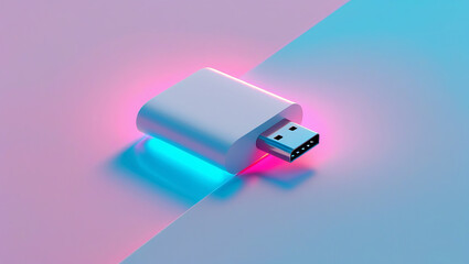 Fototapeta premium Modern white usb flash drive with blue and pink neon lighting