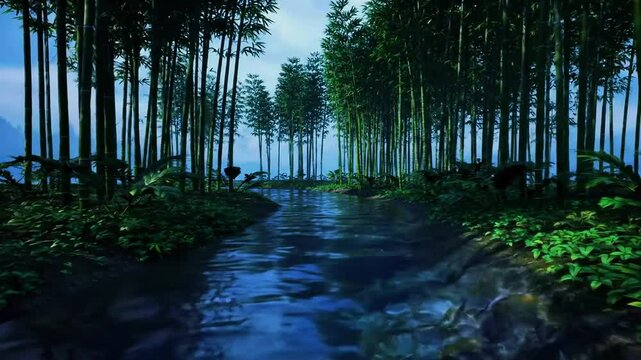 Aliran sungai di hutan bambu gelap, vegetasi padat, air halus, Realistis, 3D look (cinematic), Statis (kamera diam), Smooth (gerakan tidak tersendat), 4K resolusi, Loopable seamless