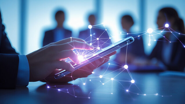 Business professional using a smartphone with glowing network connections in a modern office