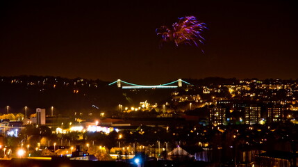 Fireworks over the Clifton Suspension Bridge at night
