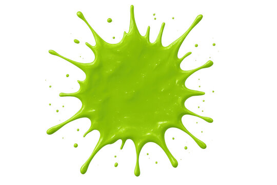 Green paint dramatically splattering, forming vibrant liquid droplets against transparent surface