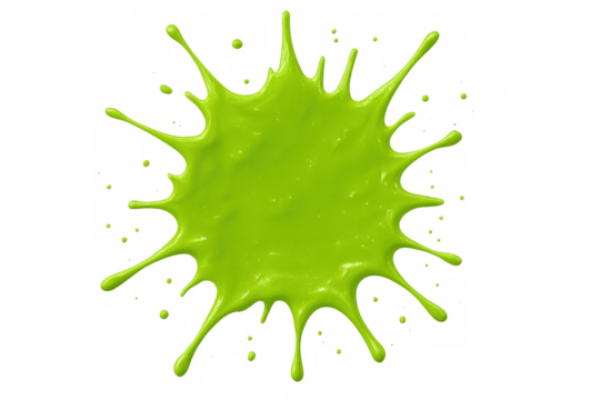 Green paint dramatically splattering, forming vibrant liquid droplets against transparent surface