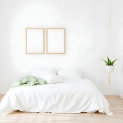 Poster mockup with three frames composition on empty white wall in bedroom interior with bed, green plaid, rug and plant. 3D rendering.