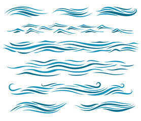 Blue wave patterns on a white background, varying shapes and styles, for decorative purposes, graphic design or print media, symbolizing water or fluidity.
