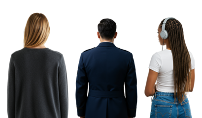 Rear view of three diverse people standing in a row. A Caucasian woman, an Asian man in a uniform, and a Black woman with headphones and braids against a transparent background.
