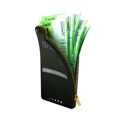 Online mobile money wallet concept. 3D rendering of Algerian dinar notes inside smart phone isolated on transparent background. money coming out of purse