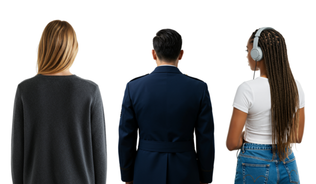 Rear view of three diverse people standing in a row. A Caucasian woman, an Asian man in a uniform, and a Black woman with headphones and braids against a transparent background.
