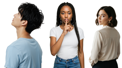 Collage of three diverse young adults on a transparent background. A woman gestures for silence, a man looks up, and another woman looks over her shoulder.