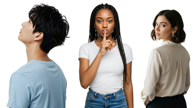 Collage of three diverse young adults on a transparent background. A woman gestures for silence, a man looks up, and another woman looks over her shoulder.