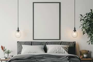 Vibrant Image of Bedroom Interior Mockup with Gray Bed and Long Blank Frame