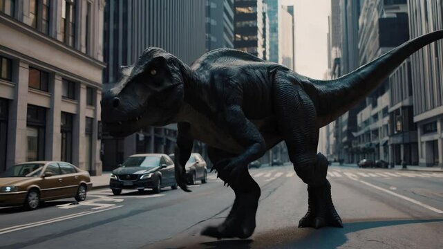 Tyrannosaurus rex running wild in city street