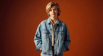 Young caucasian male teen in denim jacket against orange background