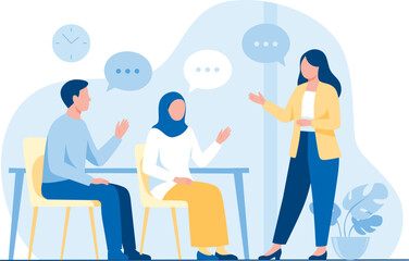Flat Illustration of Engaging Office Discussion: Three Professionals Sharing Ideas with Speech Bubbles in a Modern Workspace, Corporate Collaboration Concept