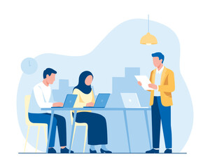 Flat Illustration of Workplace Collaboration with Presentation: Two People on Laptops Listening to a Colleague Holding Papers