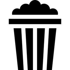 A simple black icon of a striped popcorn bucket, representing a classic movie snack. Vector graphic illustration.