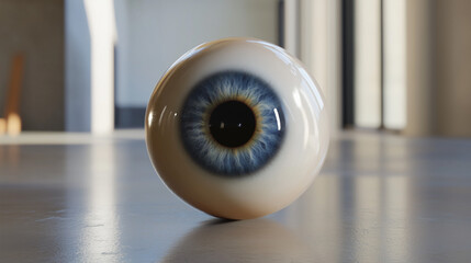 Artificial eyeball model with blue iris on floor