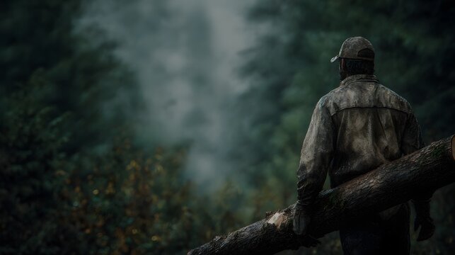 Logger carrying a cut log in a devastated forest