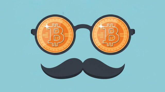 Bitcoin cryptocurrency digital illustration with stylish glasses and mustache trendy flat design for editorial or commercial use vibrant colors perfect for social media and websites