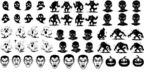 Obraz premium Halloween Spooky Icons Set - Ghosts, Vampires and More, Collection of Halloween Characters - Vector Illustrations, Black and White Horror Icons - Ghosts, Werewolves, and Pumpkins.