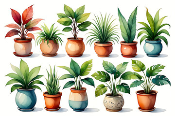 Fototapeta premium Watercolor illustration of twelve potted houseplants; vibrant greens, terracotta pots, and a serene mood.