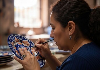 Artisan painting traditional Talavera ceramic plate close up