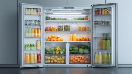 Hyper-realistic digital rendering of a modern refrigerator filled with neatly arranged fresh food and drinks.