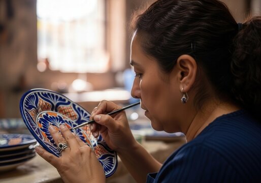 Artisan painting traditional Talavera ceramic plate close up