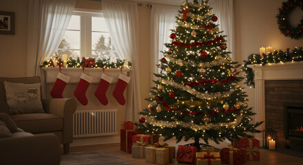 Festive holiday interior featuring christmas tree, gifts, and seasonal decorations