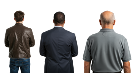 Rear view of three diverse men standing together. A multi-ethnic group of different ages and lifestyles against a transparent background.