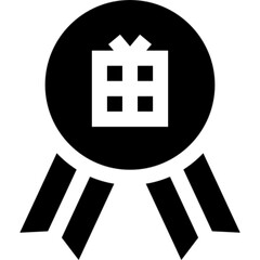 A minimalist black icon of a circular award medal with ribbons and a gift box symbol.