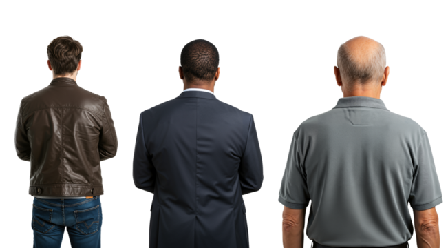 Rear view of three diverse men standing together. A multi-ethnic group of different ages and lifestyles against a transparent background.