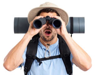 Young Explorer Lowering Binoculars with Shocked Expression – Transparent Background PNG.