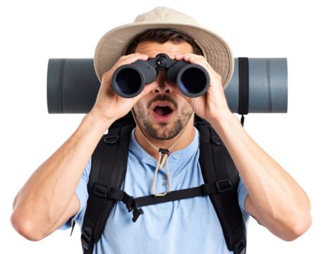 Young Explorer Lowering Binoculars with Shocked Expression – Transparent Background PNG.