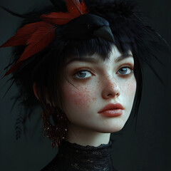 Portrait of woman with crow headdress and red feathers