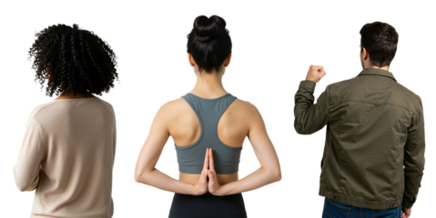 Back view of three diverse people isolated on a transparent background. A woman in a yoga pose, a man with a raised fist, and a woman with curly hair.
