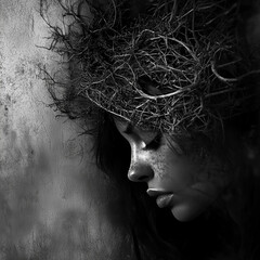 Black and white portrait of woman with nest-like crown