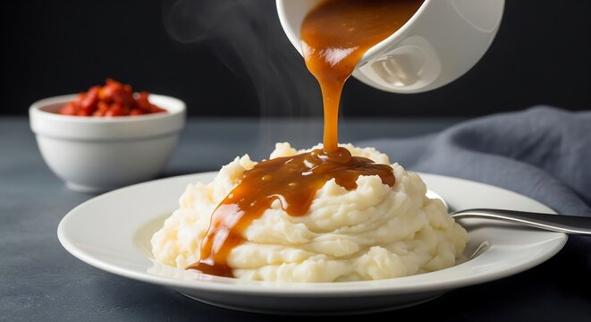 Delicious mashed potatoes with gravy being poured from a white sauce boat dish - Powered by Adobe