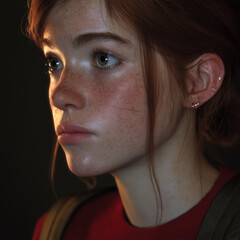 Close up portrait of young woman with freckles and red hair
