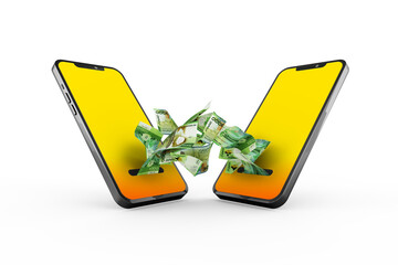 Transferring Algerian Dinar notes from one phone to another.  mobile money transaction concept. money coming out of mobile phone isolated over transparent background