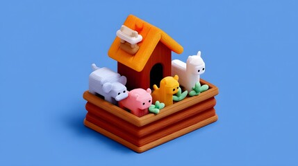 Fototapeta premium Colorful toy animal figurines in a miniature house display