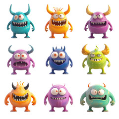 Obraz premium Monster colorful 3d set, collection of colorful 3D monsters, isolated on transparent background