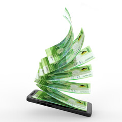 Algerian dinar notes entering or coming out of a smartphone. Online money transfer concept. money coming out of mobile phone isolated on transparent background
