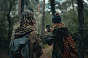 Clear Pixel Image of Woman Taking Picture of Her Friend in Forest