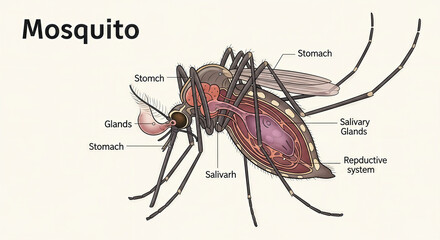 Detailed anatomical diagram of a mosquito with labeled internal organs