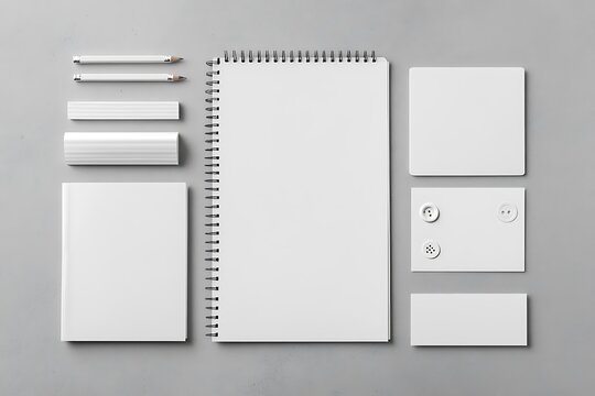 Stationery Set with Spiral Notebook, Business Cards, Pencils on Gray Background - Powered by Adobe