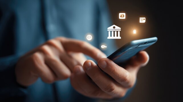 Hands holding smartphone with mobile banking app – fintech concept