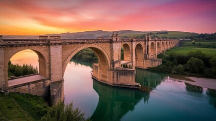Fototapeta premium Reina. Majestic Stone Bridge Reflecting in Calm River at Sunrise