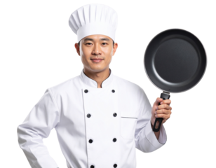 Happy Male Chef in White Uniform Holding Frying Pan Up with One Hand – Transparent PNG.